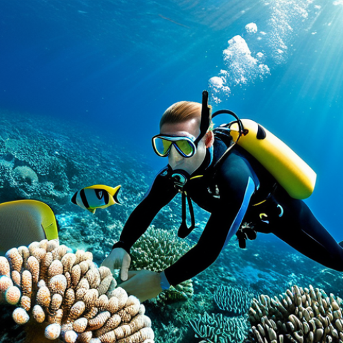 Home 15 A professional scuba diver, fully clothed in a modest, dark wetsuit and standard diving equipment, observing a vibrant, pristine coral reef in the crystal-clear waters off the coast of Oman. Colorful tropical fish, intricate hard and soft coral formations, and a majestic sea turtle are present in the detailed background. Gentle sunbeams pierce through the calm blue water from above, illuminating the serene underwater landscape. Perfect anatomy, correct proportions, natural pose, well-formed hands, proper finger count, natural body proportions, safe for work, appropriate content, family-friendly, high quality, professional photography.