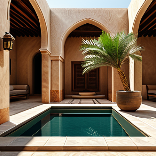 Home 14 An ultra-realistic architectural rendering of a serene interior courtyard (hawsh) of a traditional Omani house. The scene showcases high, thick clay walls with a warm, earthy texture, bathed in soft, diffused natural light filtering from above. A small, tranquil fountain gently trickles water into a shallow pool in the center, surrounded by lush green date palms and potted desert plants, creating a cool and private oasis. Intricate patterns of light and shadow are cast upon the sun-drenched floor and textured walls, emphasizing the quiet, comfortable atmosphere. Professional architectural photography, detailed textures, natural lighting, perfect anatomy, correct proportions, well-formed elements, natural body proportions, safe for work, appropriate content, fully clothed, modest, family-friendly.