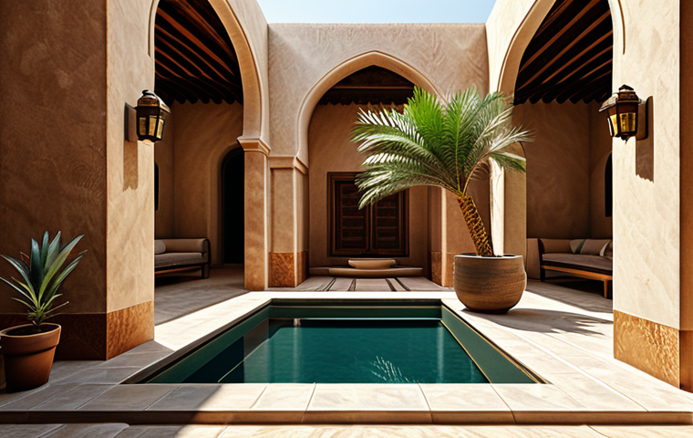 An ultra-realistic architectural rendering of a serene interior courtyard (hawsh) of a traditional Omani house. The scene showcases high, thick clay walls with a warm, earthy texture, bathed in soft, diffused natural light filtering from above. A small, tranquil fountain gently trickles water into a shallow pool in the center, surrounded by lush green date palms and potted desert plants, creating a cool and private oasis. Intricate patterns of light and shadow are cast upon the sun-drenched floor and textured walls, emphasizing the quiet, comfortable atmosphere. Professional architectural photography, detailed textures, natural lighting, perfect anatomy, correct proportions, well-formed elements, natural body proportions, safe for work, appropriate content, fully clothed, modest, family-friendly.