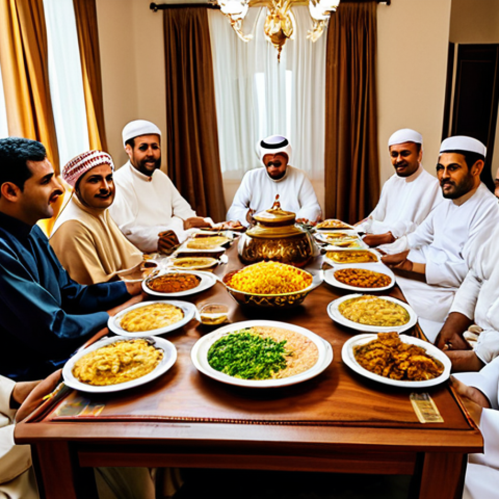 오만의 독특한 식사 예절 - Omani Family Dinner**
"A large Omani family gathered around a low table for dinner, fully clothed i...