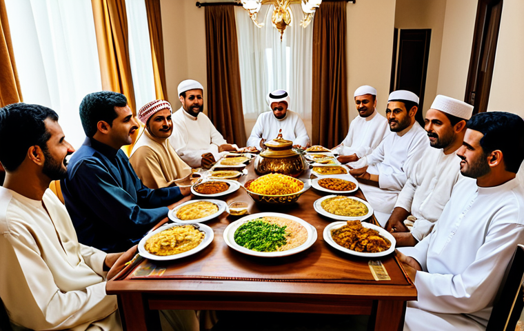 오만의 독특한 식사 예절 - Omani Family Dinner**
"A large Omani family gathered around a low table for dinner, fully clothed i...