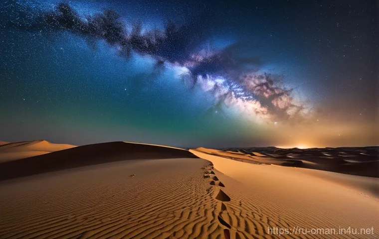 오만 사막의 별 관찰 - A breathtaking, wide-angle shot of the Omani Wahiba Sands desert at night, under an incredibly clear...