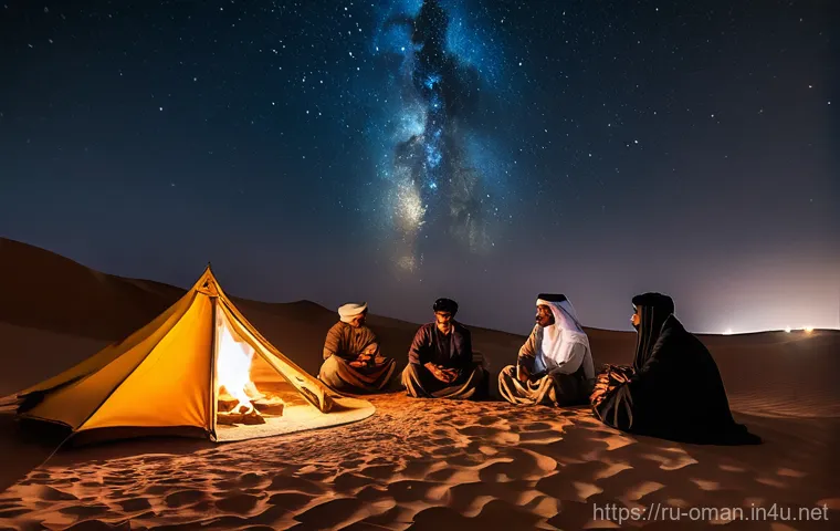 오만 사막의 별 관찰 - A breathtaking, wide-angle shot of the Omani Wahiba Sands desert at night, under an incredibly clear...
