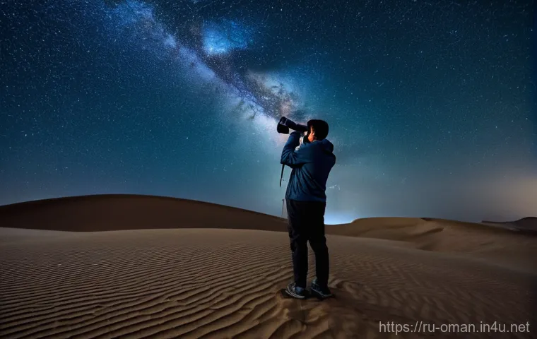 오만 사막의 별 관찰 - A cozy Bedouin desert camp scene at night, viewed from a slightly elevated perspective. A traditiona...