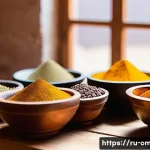 오만 요리 교실 체험 - A vibrant, detailed scene of a traditional Omani kitchen during a spice mixing workshop: hands caref...