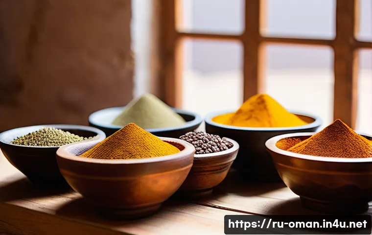 오만 요리 교실 체험 - A vibrant, detailed scene of a traditional Omani kitchen during a spice mixing workshop: hands caref...