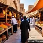 오만의 바자르 문화 - A vibrant traditional Omani market scene bustling with local people wearing colorful dishdashis and ...