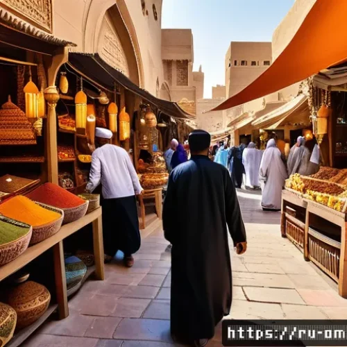 오만의 바자르 문화 - A vibrant traditional Omani market scene bustling with local people wearing colorful dishdashis and ...