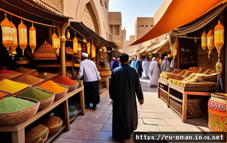 오만의 바자르 문화 - A vibrant traditional Omani market scene bustling with local people wearing colorful dishdashis and ...