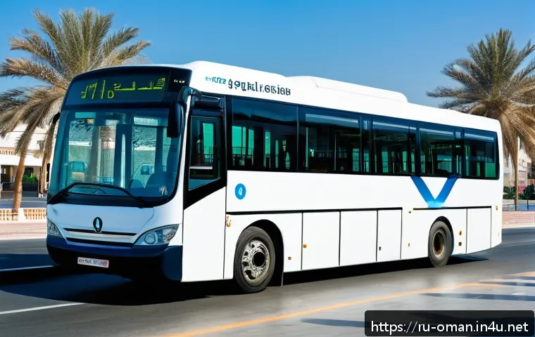 오만의 대중교통 이용법 - A modern public bus in Muscat, Oman, featuring a sleek design with large windows and air conditionin...