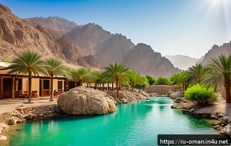 오만의 자연 온천 - A serene natural hot spring in Oman&rsquo;s Wadi Bani Khalid valley surrounded by towering rocky mountains...
