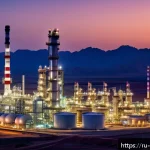 Home 18 오만의 주요 산업군 - A panoramic view of Oman’s modern oil refinery complex in Sur during sunset, showcasing large indust...