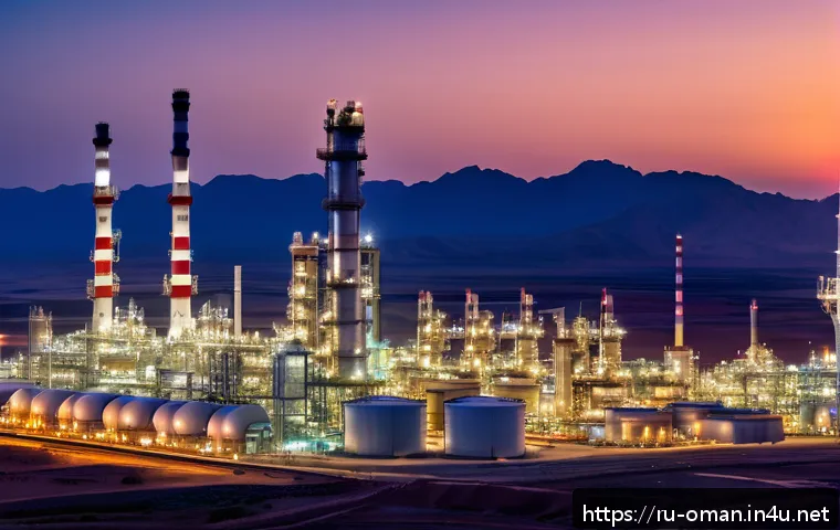 오만의 주요 산업군 - A panoramic view of Oman&rsquo;s modern oil refinery complex in Sur during sunset, showcasing large indust...