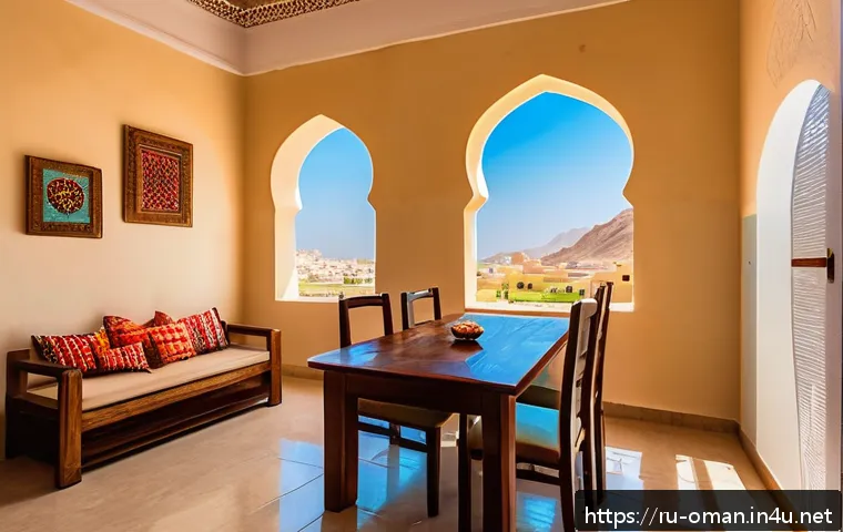 오만 여행 비용 절약 팁 - A cozy, sunlit apartment kitchen in Oman with a modern air conditioner visible on the wall, featurin...
