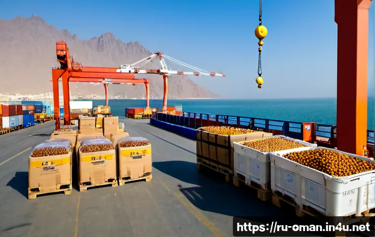 오만의 국제 수출 시장 - Photorealistic wide-angle scene of Oman’s international export market at a modern Gulf seaport, neat...