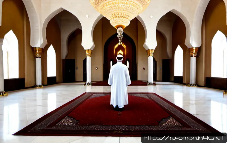 Home 17 오만의 세계 기록 보유 사례 - Photorealistic wide interior of a grand Omani mosque in Muscat, an immense hand-knotted Persian-styl...