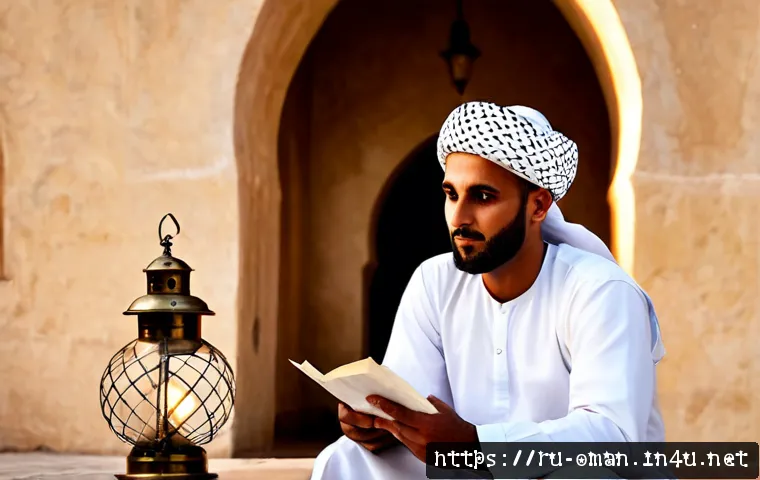 오만의 유명 시인과 작가 - Photorealistic historical portrait of an esteemed Omani poet in a traditional white dishdasha and pa...