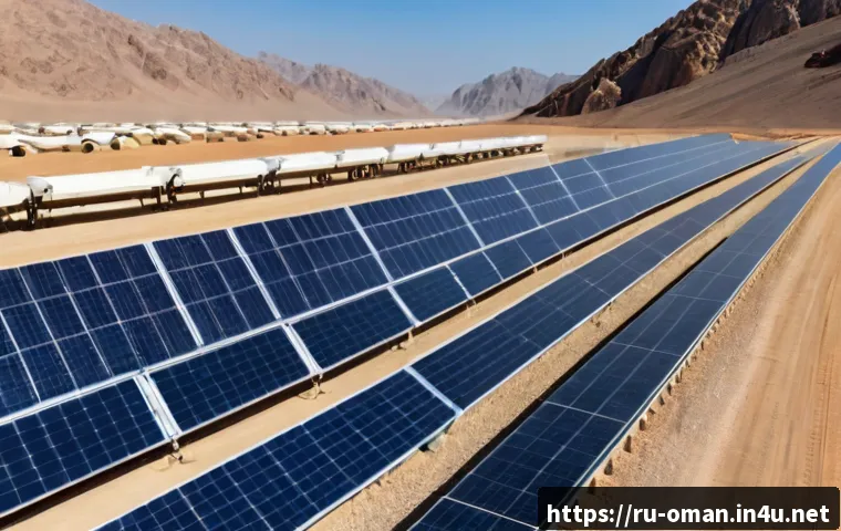오만의 친환경 정책 - Photorealistic wide-angle view of a modern solar power facility in Oman’s rocky desert, long rows of...